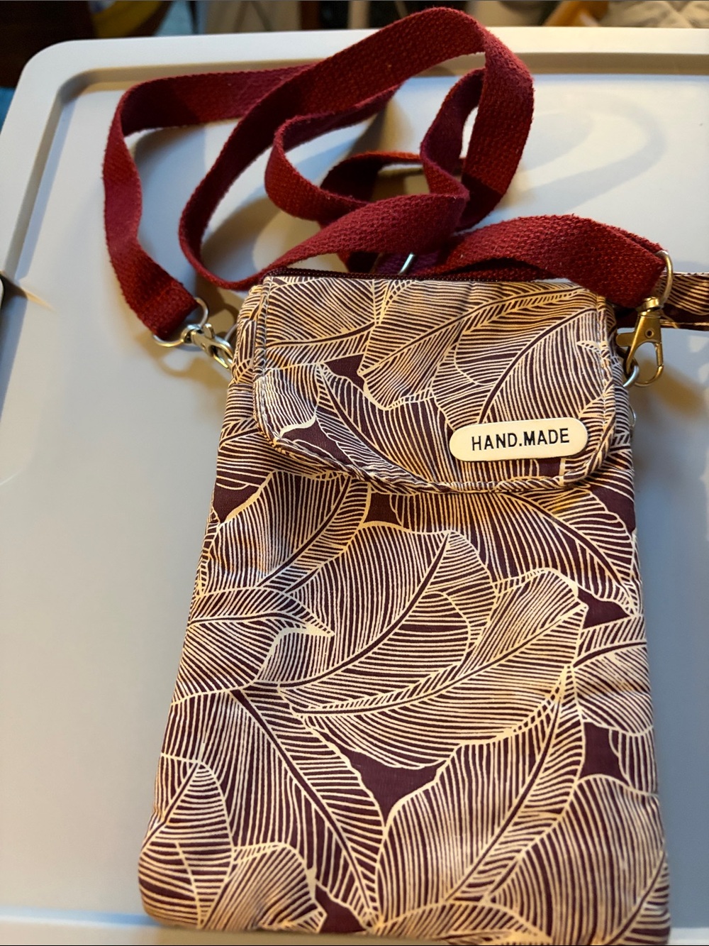 Handmade Leaf Print Crossbody Bag in Brown & Cream
